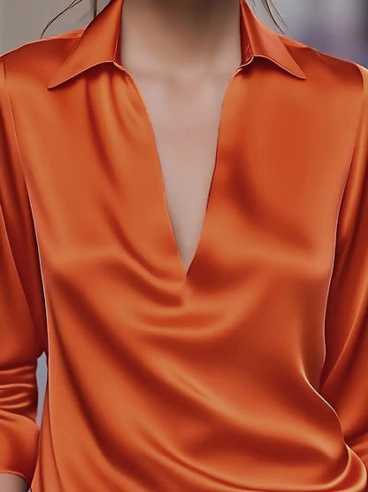 Vivienne | Women's Satin Blouse Collared V-Neck Long Sleeve