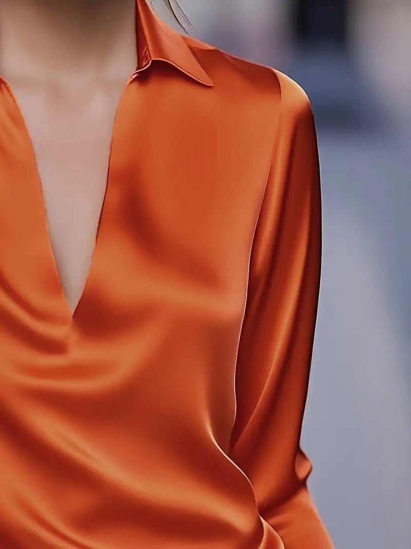 Vivienne | Women's Satin Blouse Collared V-Neck Long Sleeve