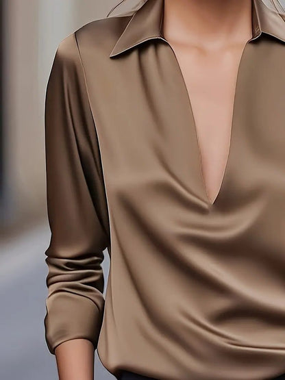 Vivienne | Women's Satin Blouse Collared V-Neck Long Sleeve