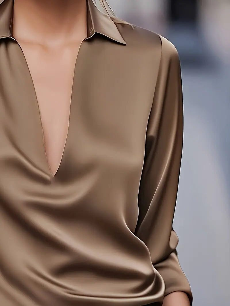 Vivienne | Women's Satin Blouse Collared V-Neck Long Sleeve