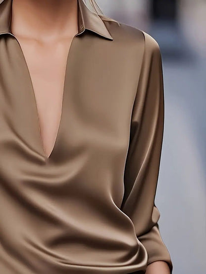 Vivienne | Women's Satin Blouse Collared V-Neck Long Sleeve