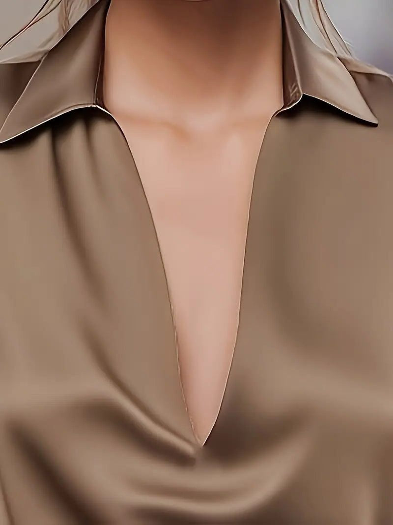Vivienne | Women's Satin Blouse Collared V-Neck Long Sleeve