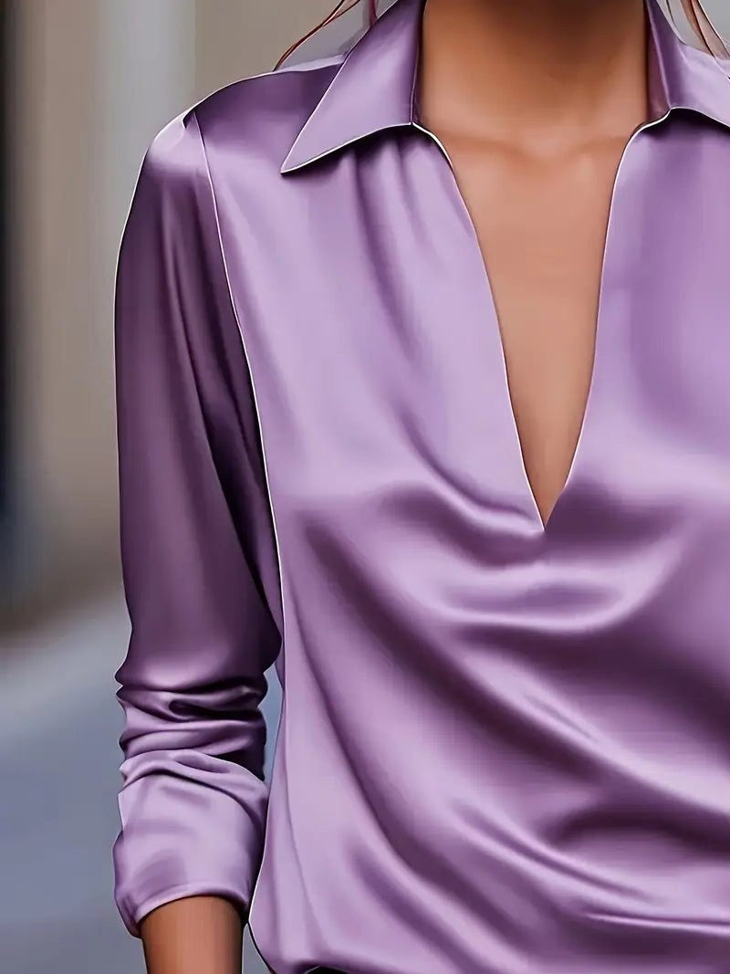 Vivienne | Women's Satin Blouse Collared V-Neck Long Sleeve