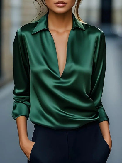 Vivienne | Women's Satin Blouse Collared V-Neck Long Sleeve