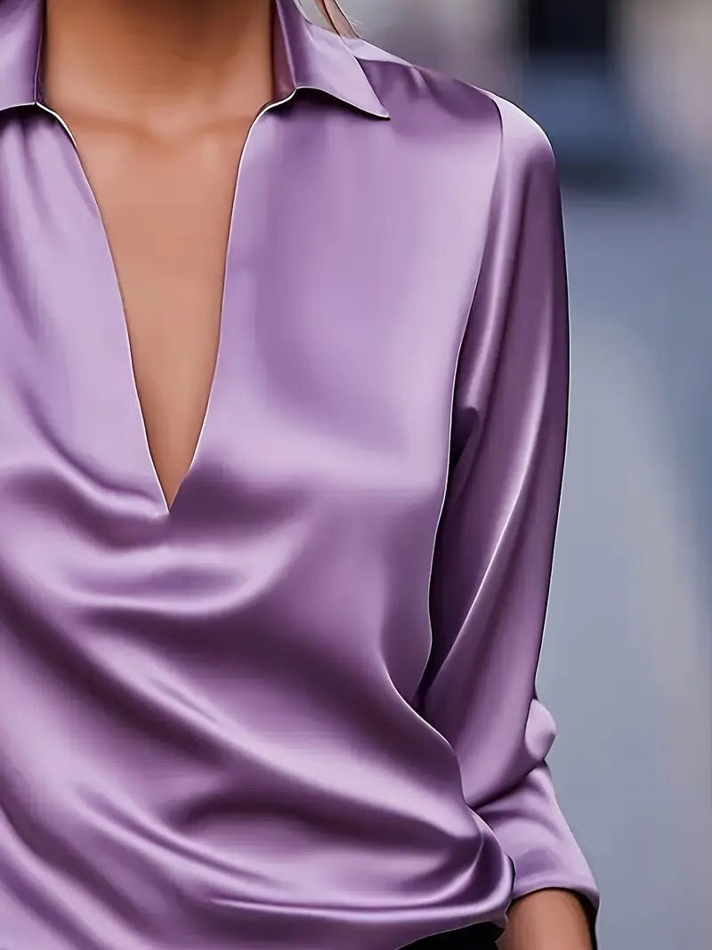 Vivienne | Women's Satin Blouse Collared V-Neck Long Sleeve