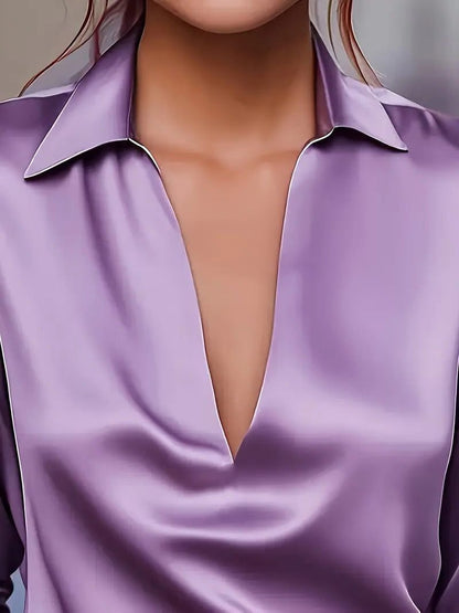 Vivienne | Women's Satin Blouse Collared V-Neck Long Sleeve