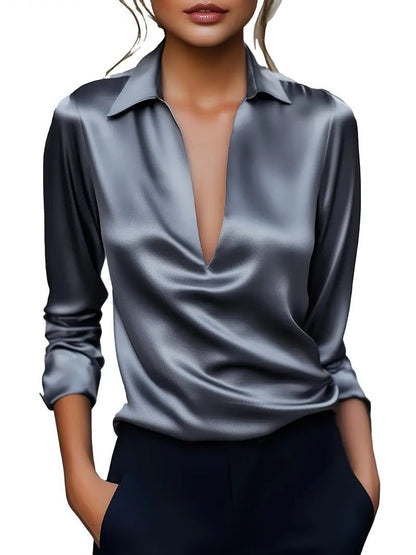 Vivienne | Women's Satin Blouse Collared V-Neck Long Sleeve