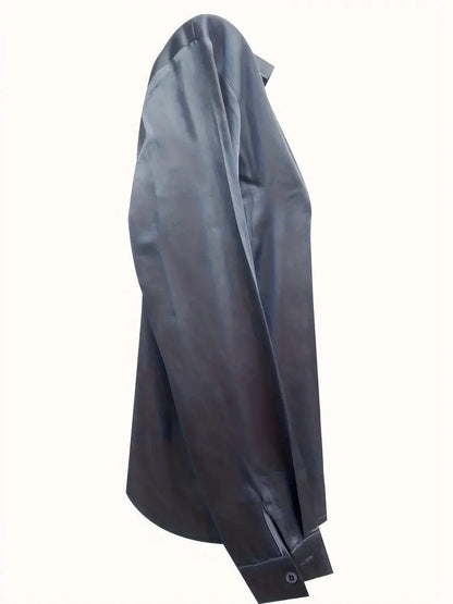 Vivienne | Women's Satin Blouse Collared V-Neck Long Sleeve