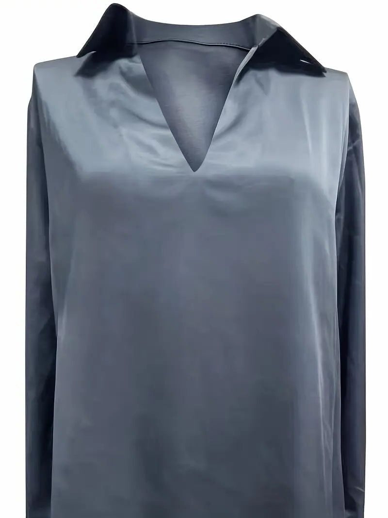 Vivienne | Women's Satin Blouse Collared V-Neck Long Sleeve