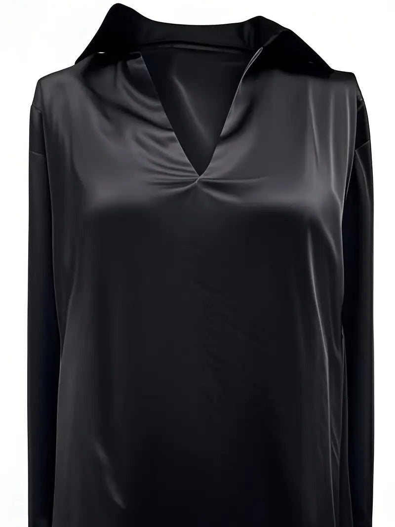 Vivienne | Women's Satin Blouse Collared V-Neck Long Sleeve