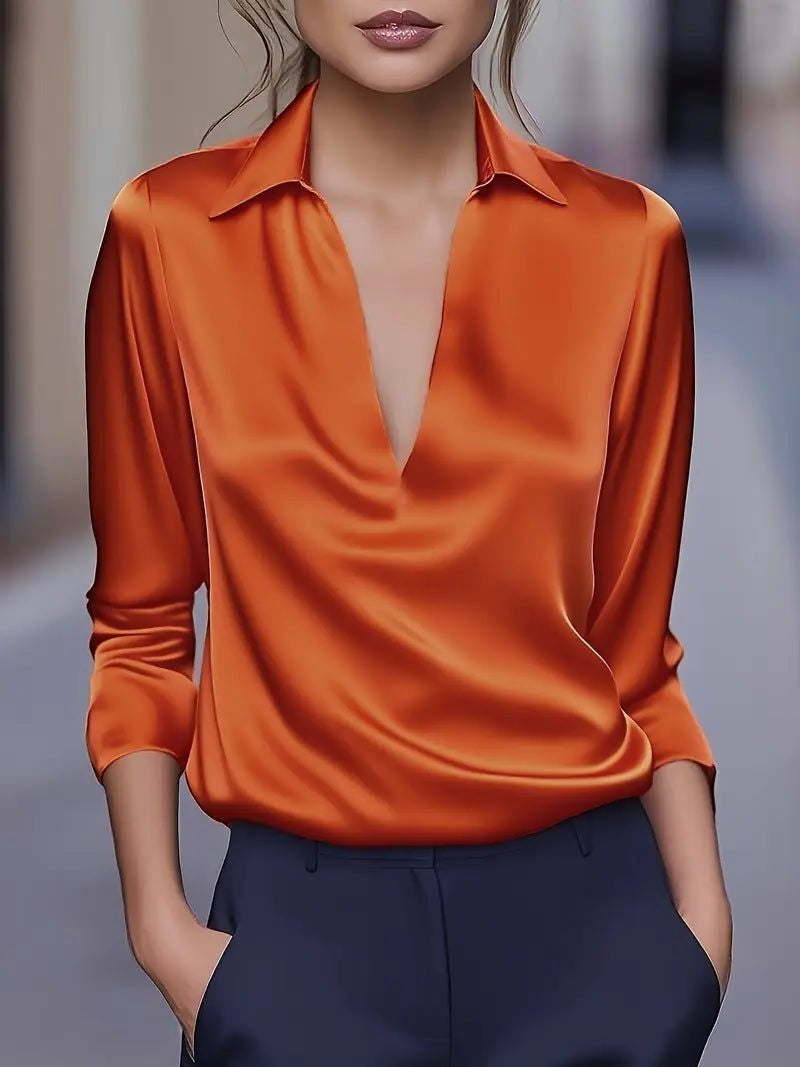 Vivienne | Women's Satin Blouse Collared V-Neck Long Sleeve