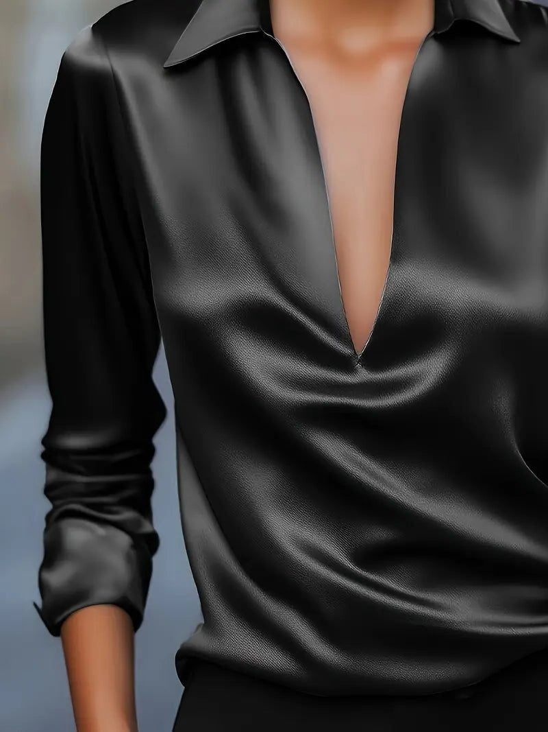 Vivienne | Women's Satin Blouse Collared V-Neck Long Sleeve