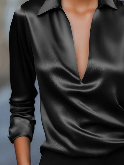 Vivienne | Women's Satin Blouse Collared V-Neck Long Sleeve