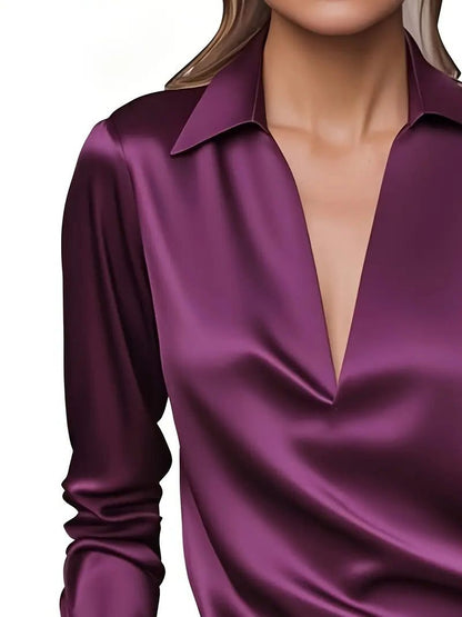 Vivienne | Women's Satin Blouse Collared V-Neck Long Sleeve