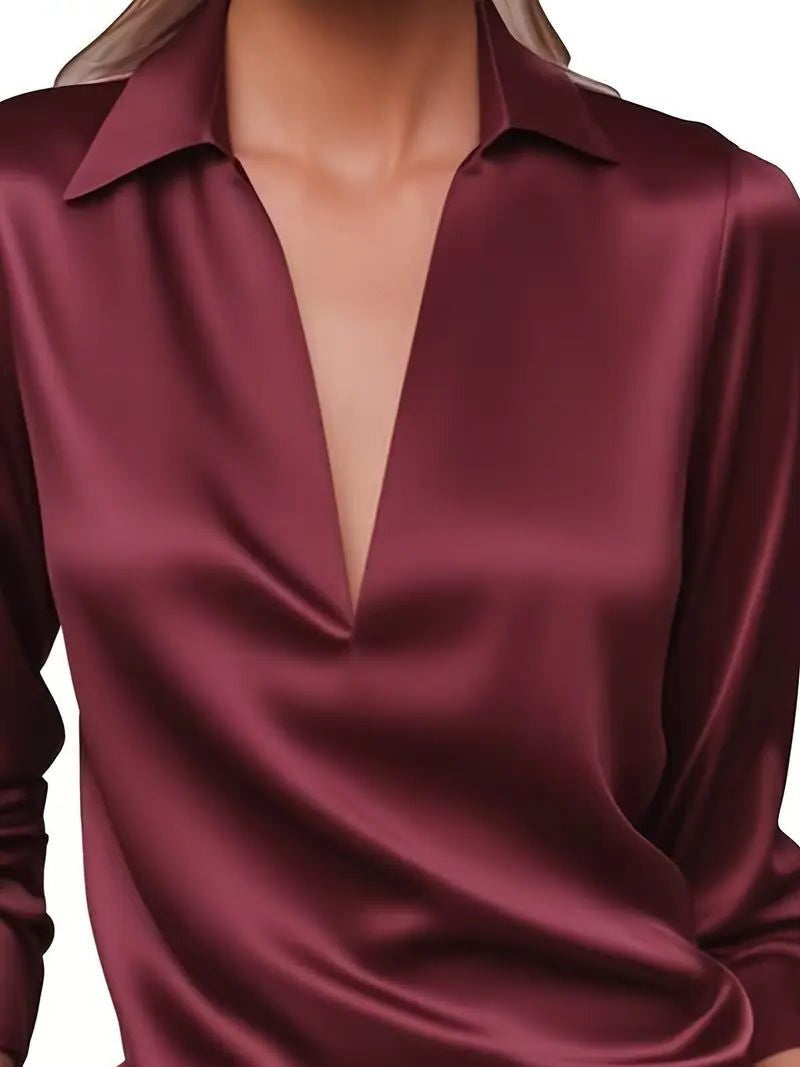 Vivienne | Women's Satin Blouse Collared V-Neck Long Sleeve