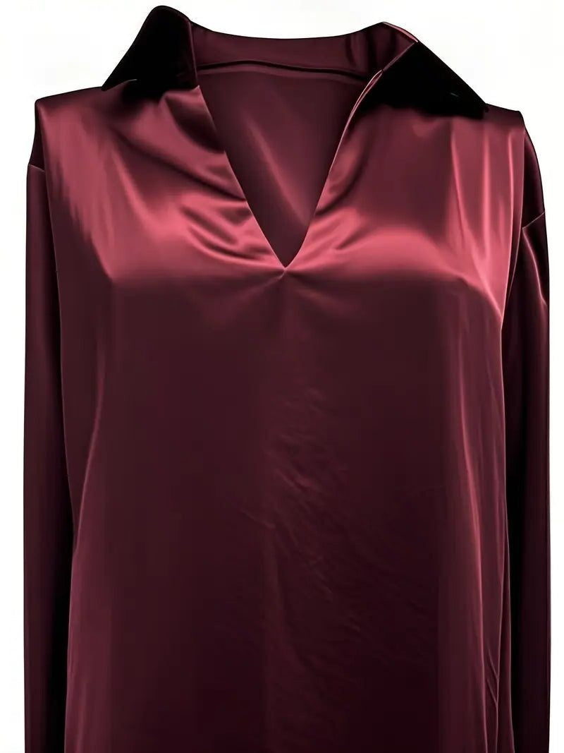 Vivienne | Women's Satin Blouse Collared V-Neck Long Sleeve