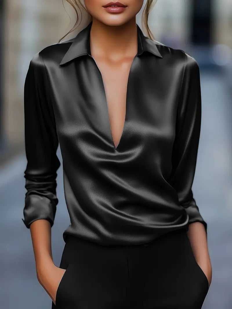 Vivienne | Women's Satin Blouse Collared V-Neck Long Sleeve